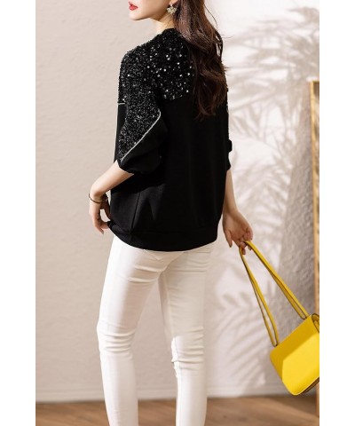 Women's Casual Patchwork Shirt Long Sleeve Pullover Round Neck Blouse Tops 24514 Black $19.37 Tops