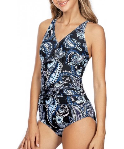 Women's Tummy Control Swimsuit One Piece Bathing Suit Vintage Printed Swimwear White and Blue $23.75 Swimsuits