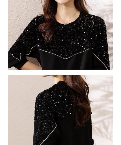 Women's Casual Patchwork Shirt Long Sleeve Pullover Round Neck Blouse Tops 24514 Black $19.37 Tops