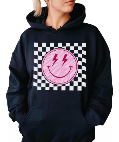 Smile Face Sweatshirt Checkered Lightning Bolt Vintage Possitive Women Crewneck Hoodie Black $16.47 Hoodies & Sweatshirts