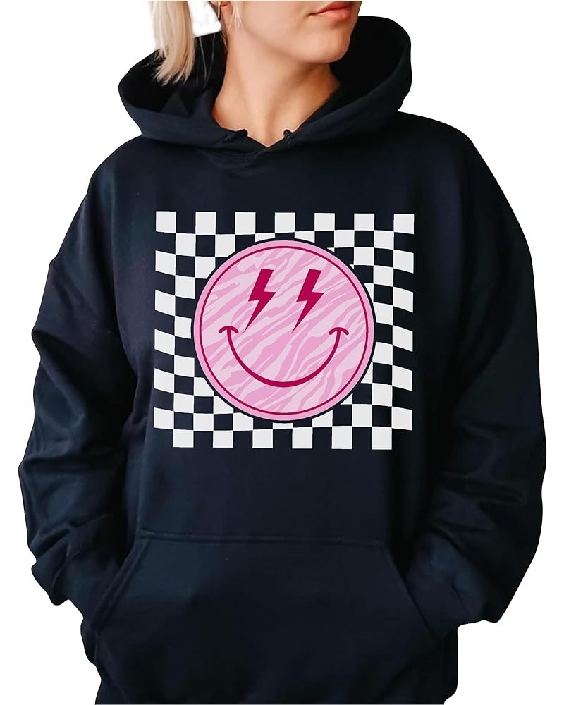 Smile Face Sweatshirt Checkered Lightning Bolt Vintage Possitive Women Crewneck Hoodie Black $16.47 Hoodies & Sweatshirts