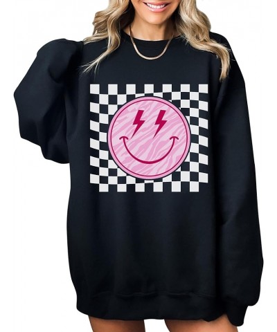 Smile Face Sweatshirt Checkered Lightning Bolt Vintage Possitive Women Crewneck Hoodie Black $16.47 Hoodies & Sweatshirts