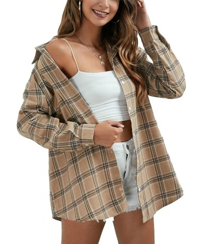 Flannel Buffalo Plaid Shirts for Women Oversized Button Down Shacket Blouse Tops Light Khaki $9.71 Blouses