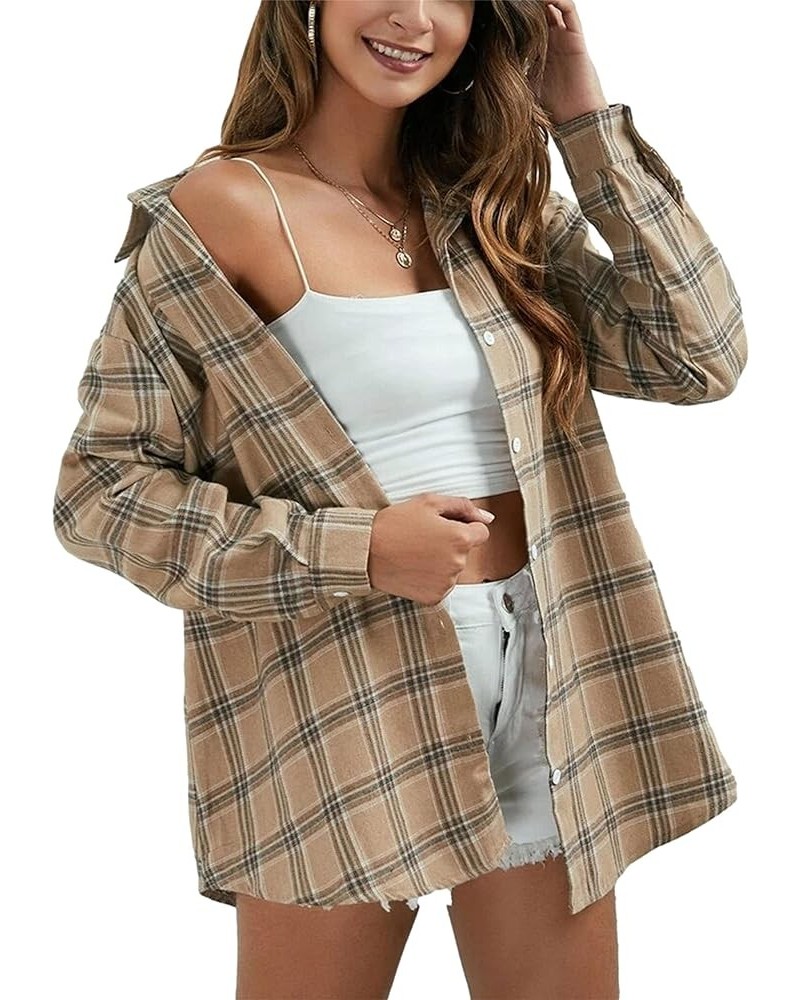 Flannel Buffalo Plaid Shirts for Women Oversized Button Down Shacket Blouse Tops Light Khaki $9.71 Blouses