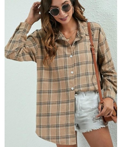 Flannel Buffalo Plaid Shirts for Women Oversized Button Down Shacket Blouse Tops Light Khaki $9.71 Blouses