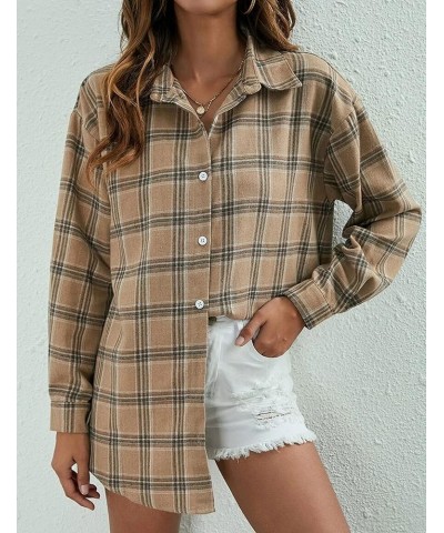 Flannel Buffalo Plaid Shirts for Women Oversized Button Down Shacket Blouse Tops Light Khaki $9.71 Blouses