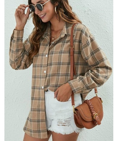 Flannel Buffalo Plaid Shirts for Women Oversized Button Down Shacket Blouse Tops Light Khaki $9.71 Blouses