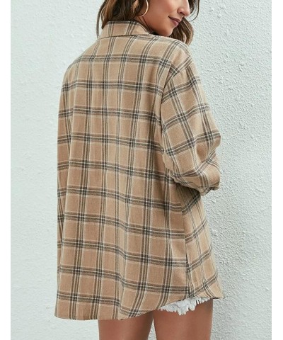 Flannel Buffalo Plaid Shirts for Women Oversized Button Down Shacket Blouse Tops Light Khaki $9.71 Blouses