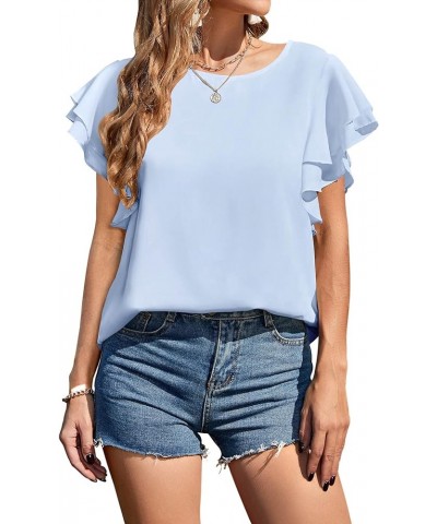 Women's Casual Round Neck Chiffon Top Double Ruffle Short Sleeve Back Button Blouse Light Blue $10.25 Blouses