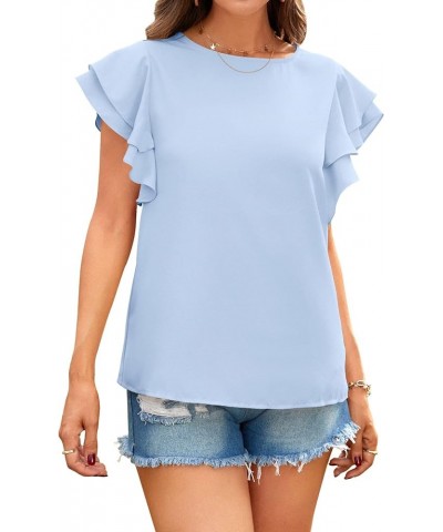 Women's Casual Round Neck Chiffon Top Double Ruffle Short Sleeve Back Button Blouse Light Blue $10.25 Blouses