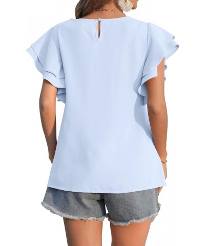 Women's Casual Round Neck Chiffon Top Double Ruffle Short Sleeve Back Button Blouse Light Blue $10.25 Blouses