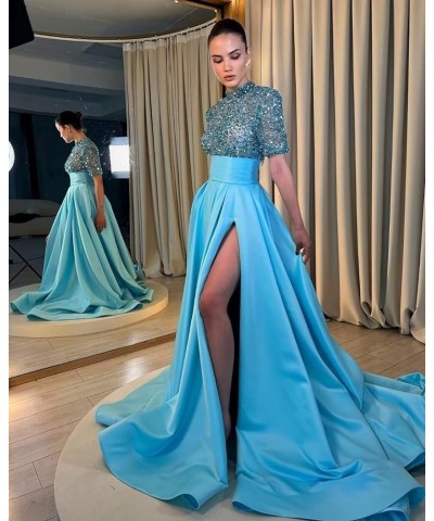 Satin Sequins Glitter Prom Dresses Slit High-Neck Ball Gown A Line Formal Evening Party Gowns for Women Royal-blue Black $36....