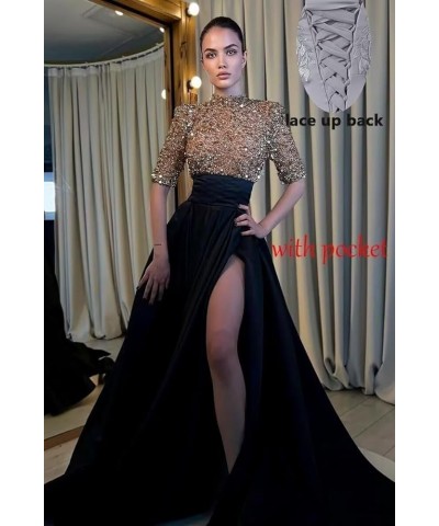 Satin Sequins Glitter Prom Dresses Slit High-Neck Ball Gown A Line Formal Evening Party Gowns for Women Royal-blue Black $36....