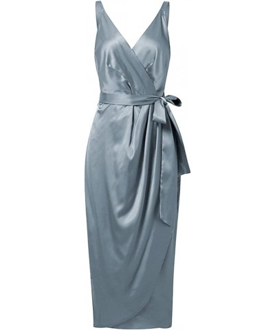 Women's Satin V Neck Ruched Wrap Sleeveless Tie Waist Slit Hem Cocktail Midi Dress Dusty Blue $22.68 Dresses