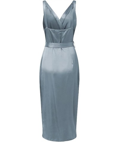 Women's Satin V Neck Ruched Wrap Sleeveless Tie Waist Slit Hem Cocktail Midi Dress Dusty Blue $22.68 Dresses