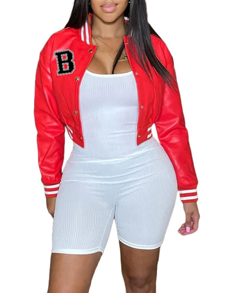 Women Crop Faux Leather Varsity Baseball Bomber Jackets Button Up Full Sleeve Short Coat B-red $18.35 Coats