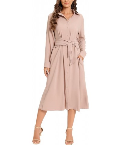 Women's Casual Flowy Tie Waist Button Down Long Sleeve Midi Shirt Dress Khaki $23.76 Dresses