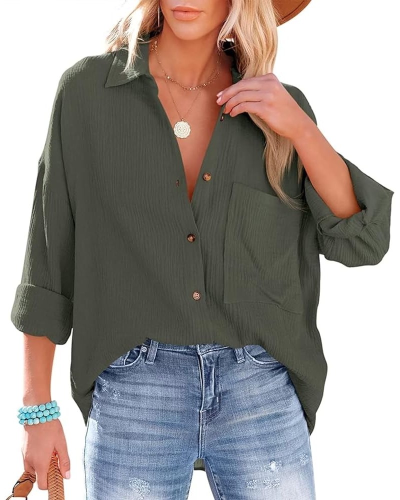 Womens Color Block Button Down Shirts Long Sleeve Oversized Boyfriend Blouses Top A Army Green $15.95 Blouses