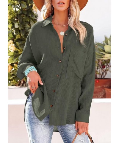 Womens Color Block Button Down Shirts Long Sleeve Oversized Boyfriend Blouses Top A Army Green $15.95 Blouses