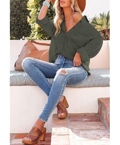 Womens Color Block Button Down Shirts Long Sleeve Oversized Boyfriend Blouses Top A Army Green $15.95 Blouses