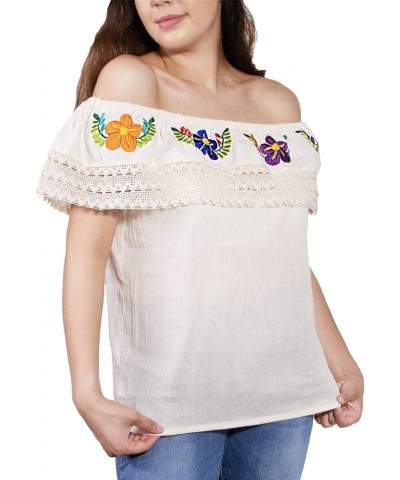 Mexican Hand-Embroidered Floral Short Sleeve Blouse Beige $16.79 Blouses