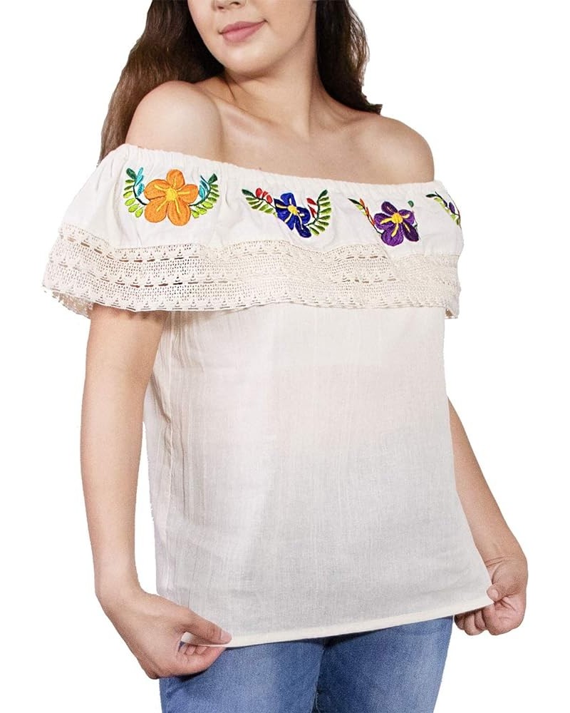 Mexican Hand-Embroidered Floral Short Sleeve Blouse Beige $16.79 Blouses