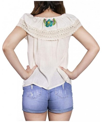 Mexican Hand-Embroidered Floral Short Sleeve Blouse Beige $16.79 Blouses