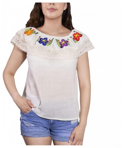 Mexican Hand-Embroidered Floral Short Sleeve Blouse Beige $16.79 Blouses