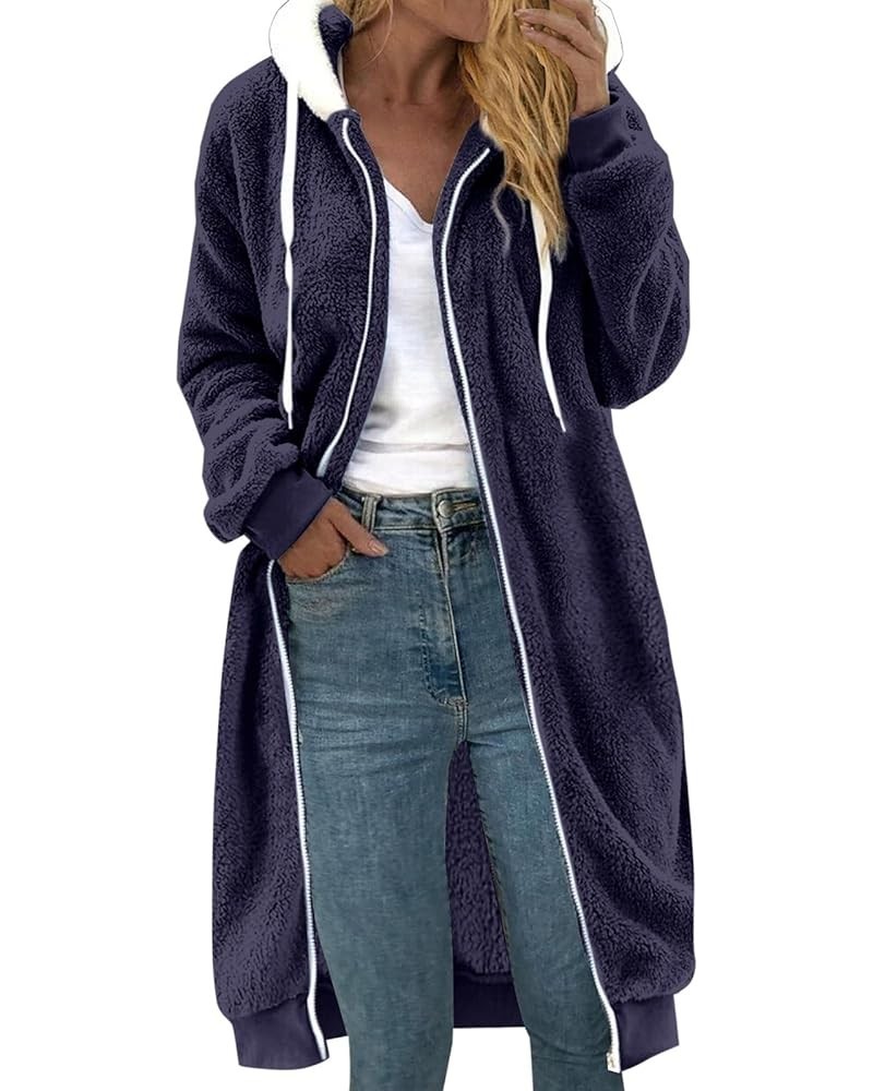 Women's Coats for Winter Faux Fur Long Sleeve Hoodies Fuzzy Fleece Outerwear Zipper Drawstring Jackets Dark Blue $5.87 Jackets