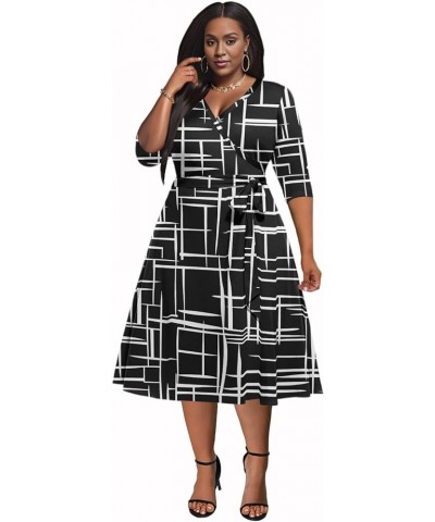 Plus Size Dress for Women 3/4 Sleeve Wrap Midi Dress V Neck Casual Dresses with Belt 01black $20.24 Dresses