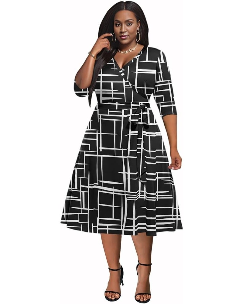 Plus Size Dress for Women 3/4 Sleeve Wrap Midi Dress V Neck Casual Dresses with Belt 01black $20.24 Dresses