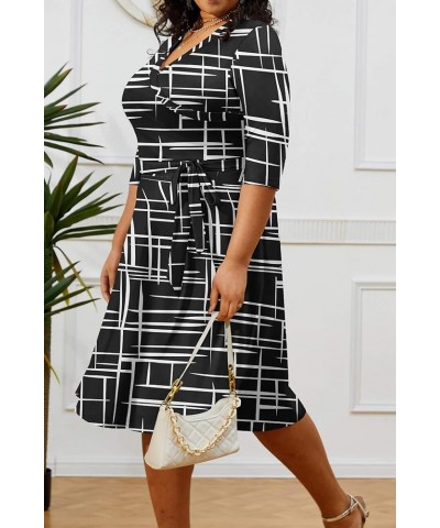 Plus Size Dress for Women 3/4 Sleeve Wrap Midi Dress V Neck Casual Dresses with Belt 01black $20.24 Dresses