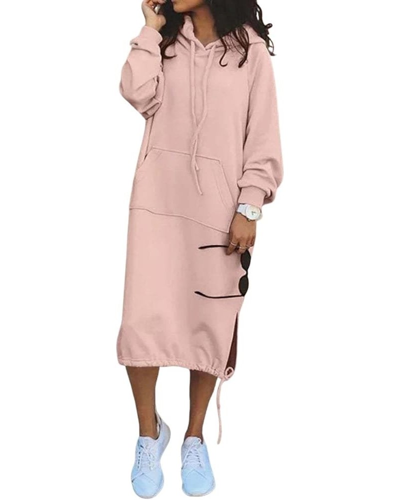 Women's Casual Pullover Sweatshirt Sexy Side Slit Long Sleeve Hoodie Long Dress With Kangaroo Pocket Pink $13.26 Hoodies & Sw...