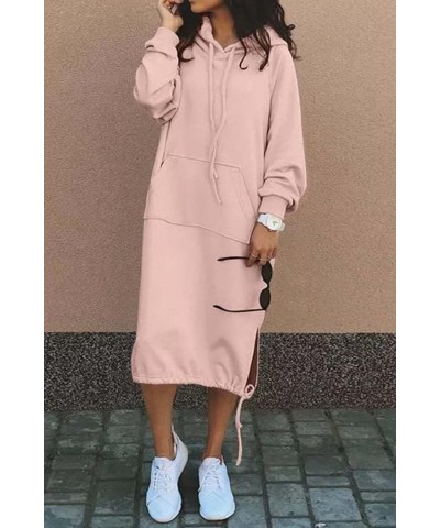 Women's Casual Pullover Sweatshirt Sexy Side Slit Long Sleeve Hoodie Long Dress With Kangaroo Pocket Pink $13.26 Hoodies & Sw...