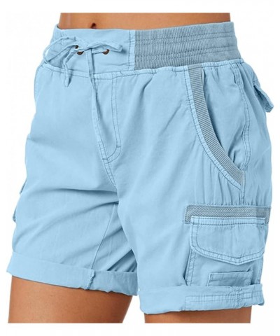 Women's Bermuda Shorts Casual High Waist Shorts Relaxed Fit Summer Pleated Cargo Button Shorts with Pockets E-light Blue $9.6...