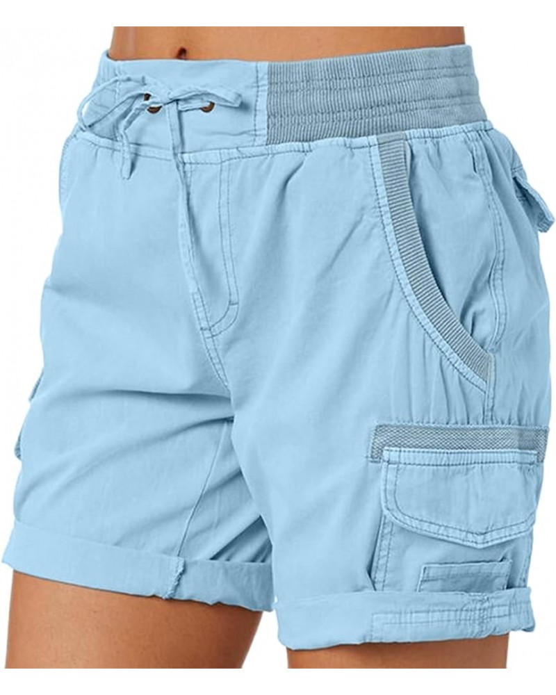 Women's Bermuda Shorts Casual High Waist Shorts Relaxed Fit Summer Pleated Cargo Button Shorts with Pockets E-light Blue $9.6...