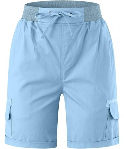 Women's Bermuda Shorts Casual High Waist Shorts Relaxed Fit Summer Pleated Cargo Button Shorts with Pockets E-light Blue $9.6...