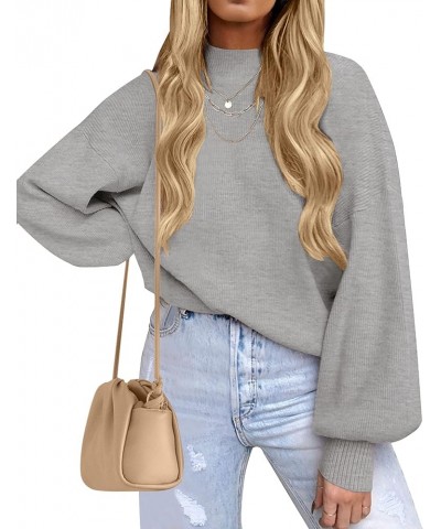 Women's 2024 Casual Turtleneck Long Lantern Sleeve Oversized Ribbed Knit Pullover Sweater Jumper Top Grey $18.97 Sweaters