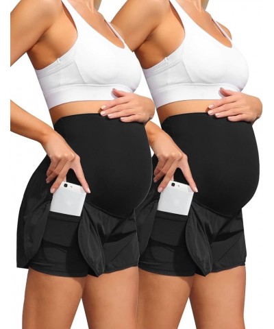 Women Maternity Layered Fast Drying Yoga Shorts with Liner Inner Pocket Black + Black $21.95 Activewear