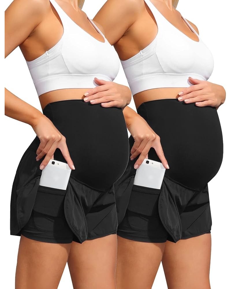 Women Maternity Layered Fast Drying Yoga Shorts with Liner Inner Pocket Black + Black $21.95 Activewear