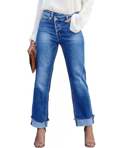 Women's High Waisted Straight Leg Jeans Crossover Stretch Casual Cuffed Denim Pants Light Blue $23.75 Jeans