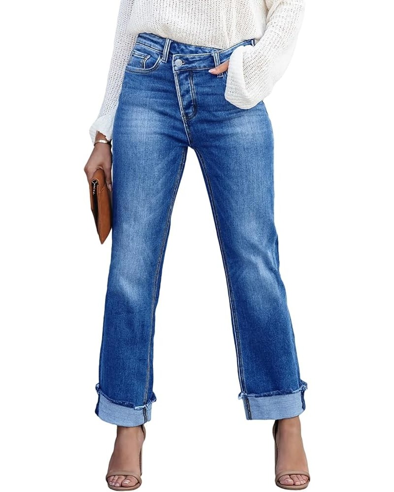 Women's High Waisted Straight Leg Jeans Crossover Stretch Casual Cuffed Denim Pants Light Blue $23.75 Jeans