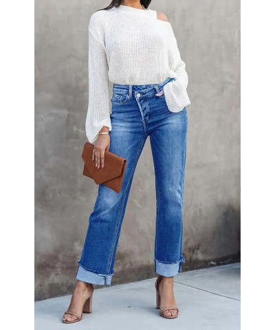 Women's High Waisted Straight Leg Jeans Crossover Stretch Casual Cuffed Denim Pants Light Blue $23.75 Jeans