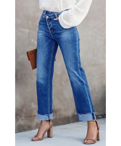 Women's High Waisted Straight Leg Jeans Crossover Stretch Casual Cuffed Denim Pants Light Blue $23.75 Jeans