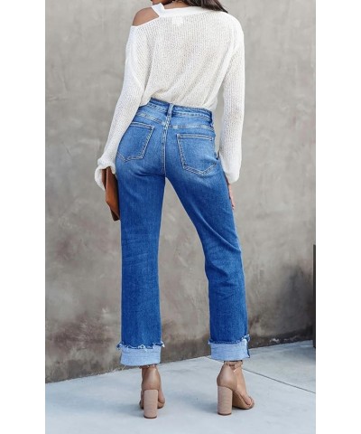 Women's High Waisted Straight Leg Jeans Crossover Stretch Casual Cuffed Denim Pants Light Blue $23.75 Jeans