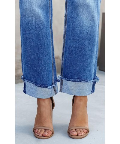 Women's High Waisted Straight Leg Jeans Crossover Stretch Casual Cuffed Denim Pants Light Blue $23.75 Jeans