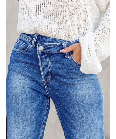 Women's High Waisted Straight Leg Jeans Crossover Stretch Casual Cuffed Denim Pants Light Blue $23.75 Jeans