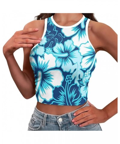 Crop Tops for Women Tank Tops Basic Style Sleeveless Racerback Halter Neck Fitted Tops Blue Hibiscus $10.43 Tops