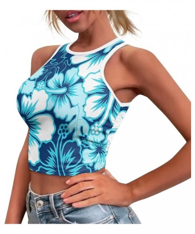 Crop Tops for Women Tank Tops Basic Style Sleeveless Racerback Halter Neck Fitted Tops Blue Hibiscus $10.43 Tops