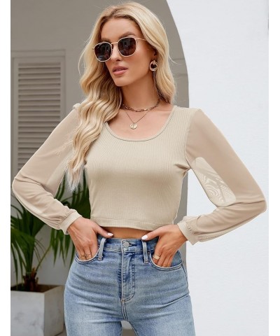 Womens Petite Tops Casual Mesh Long Sleeve Crop Tops Rib-Knit Solid Basic Tees Apricot $12.86 T-Shirts